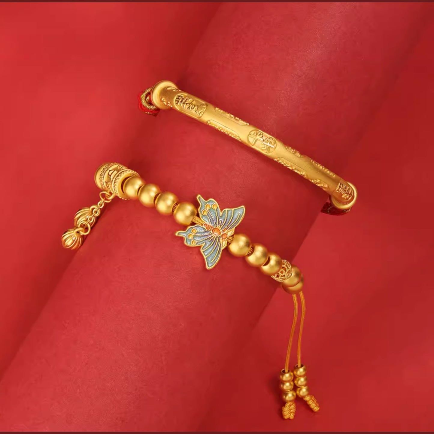 24K 999 Gold Auspicious Words Butterfly Charm Good Luck Half Bangle Bracelet