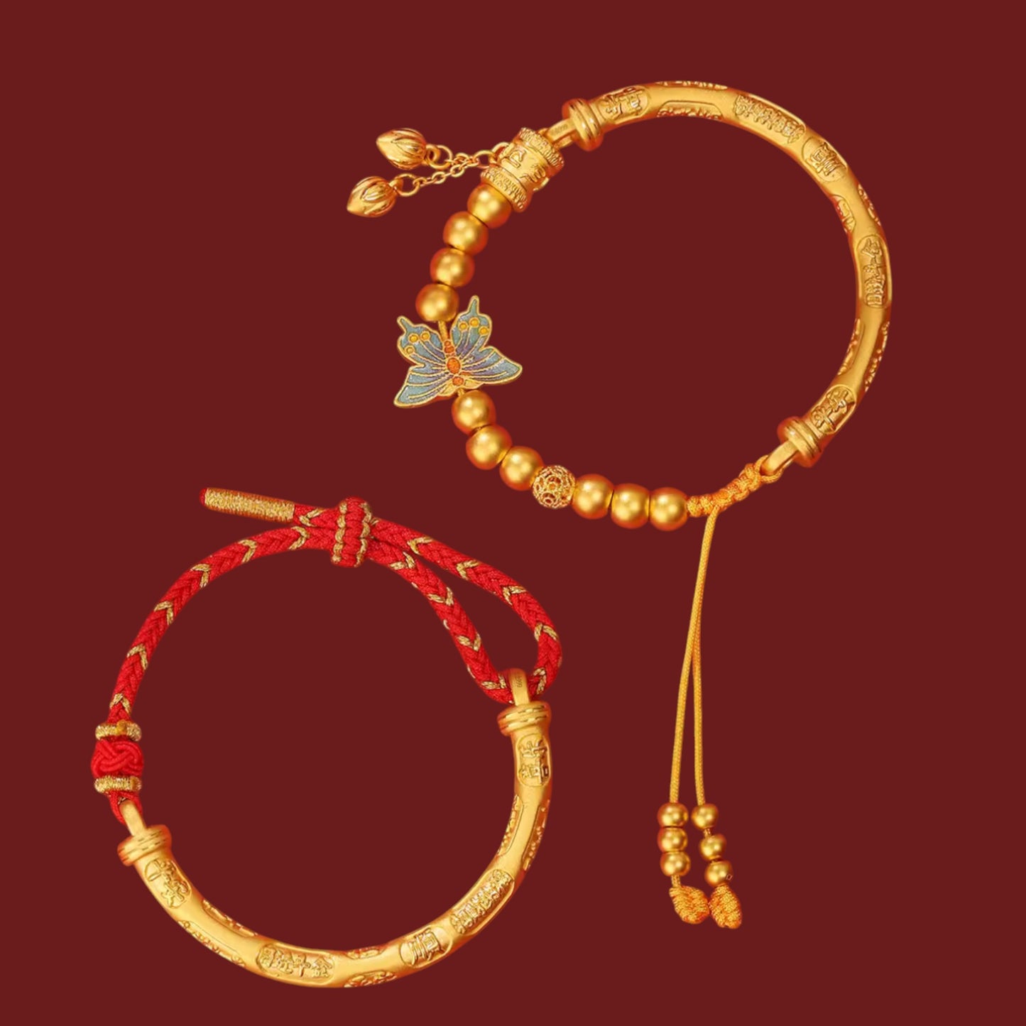 24K 999 Gold Auspicious Words Butterfly Charm Good Luck Half Bangle Bracelet