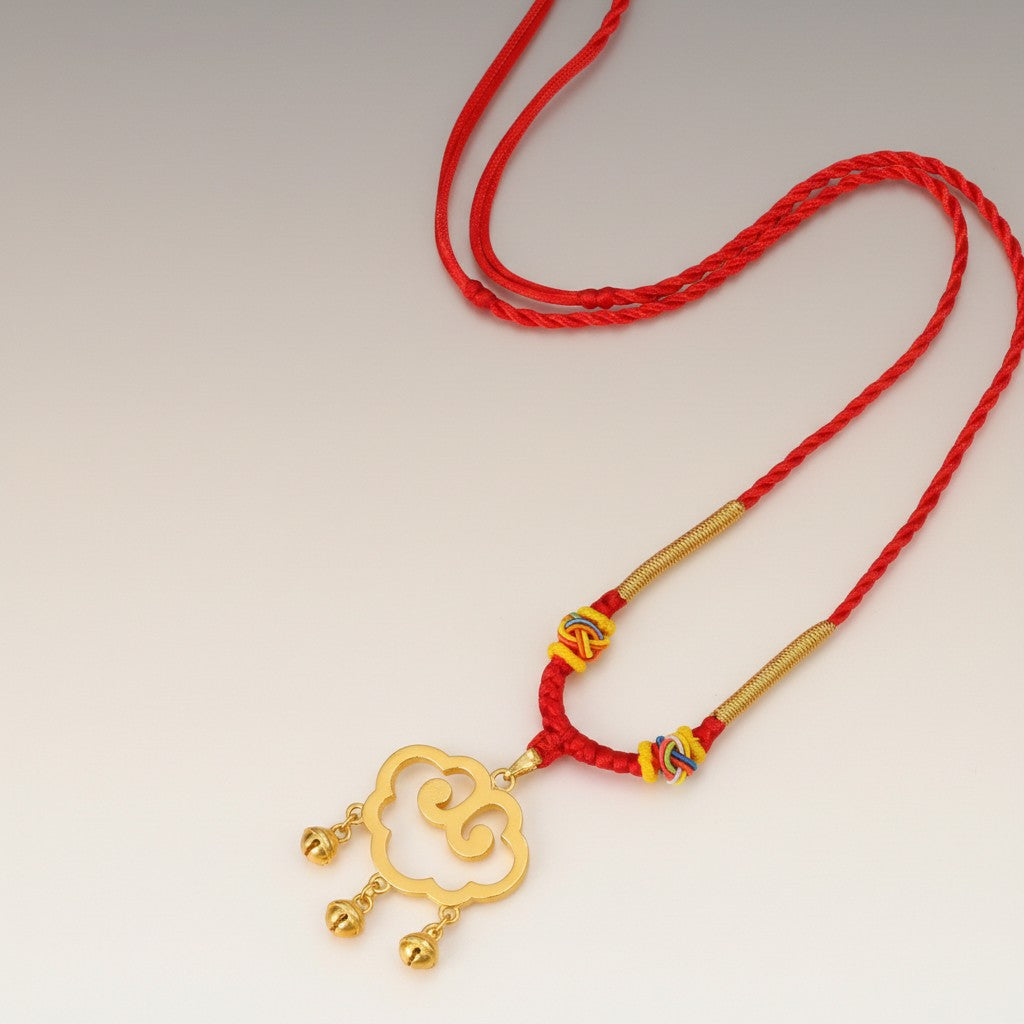 24K Gold Auspicious Cloud Bell Lock Bell Pendant Weaving Cord Necklace Kid Gift