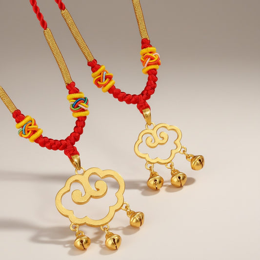 24K Gold Auspicious Cloud Bell Lock Bell Pendant Weaving Cord Necklace Kid Gift