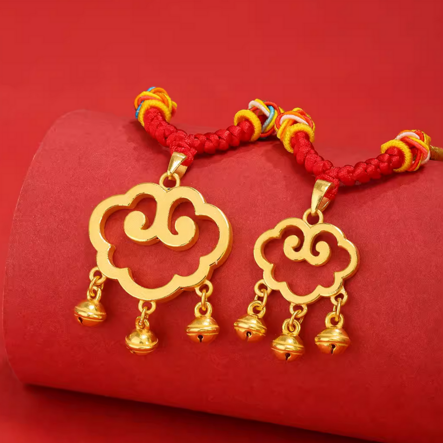 24K Gold Auspicious Cloud Bell Lock Bell Pendant Weaving Cord Necklace Kid Gift