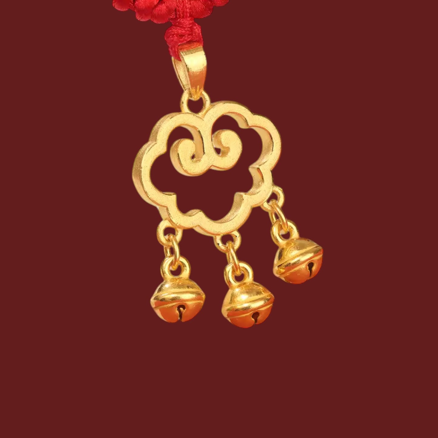 24K Gold Auspicious Cloud Bell Lock Bell Pendant Weaving Cord Necklace Kid Gift