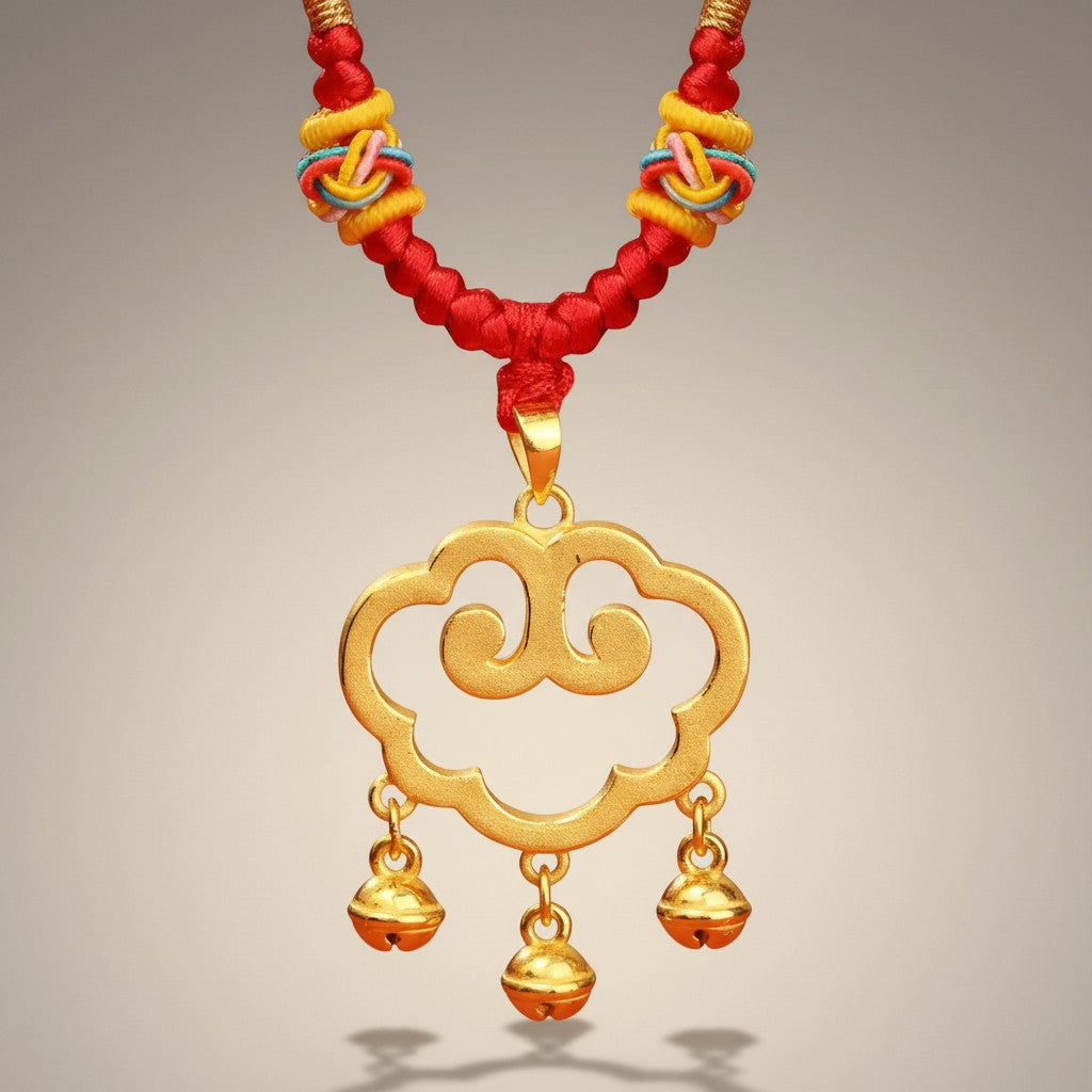 24K Gold Auspicious Cloud Bell Lock Bell Pendant Weaving Cord Necklace Kid Gift