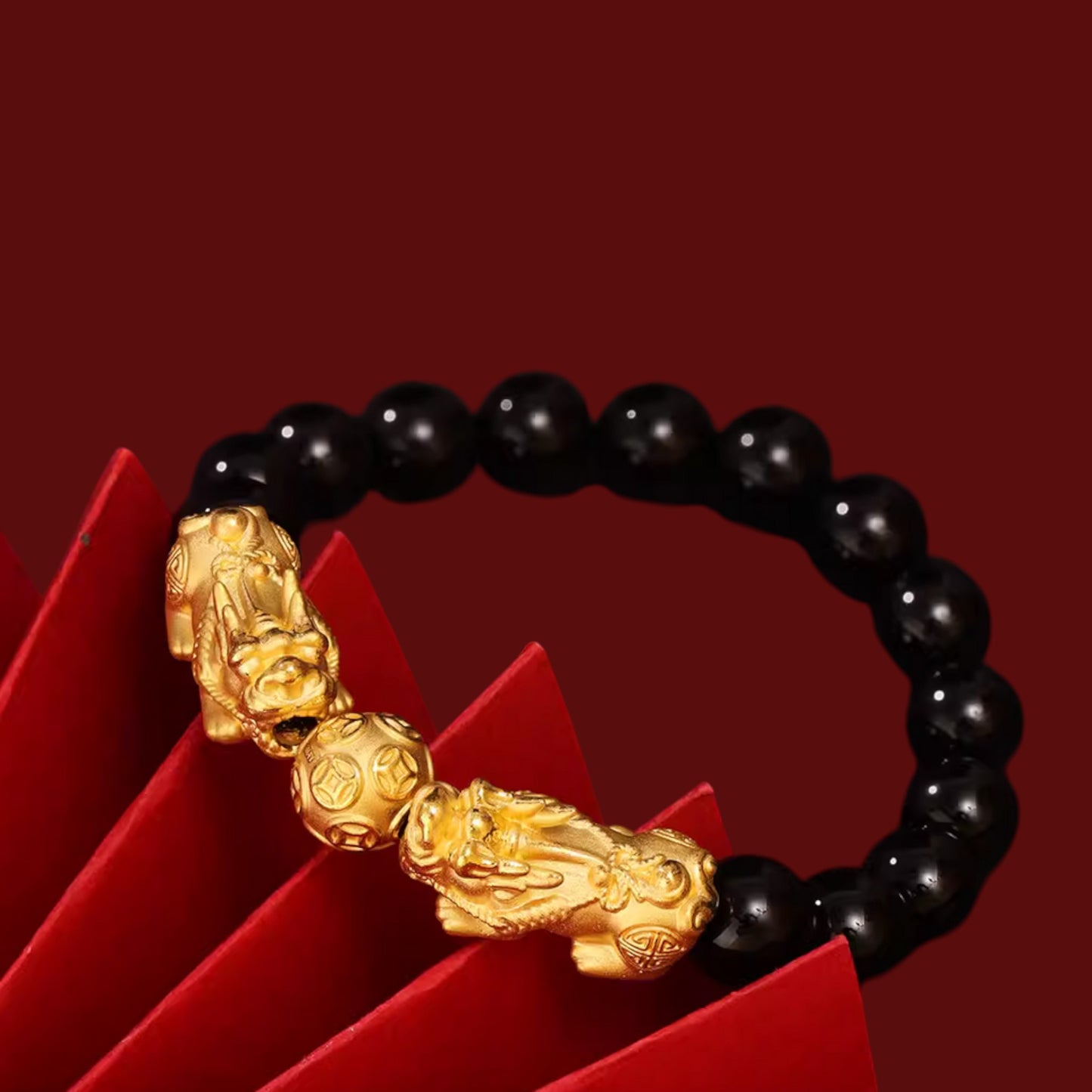 24K 999 Gold Pixiu Wealth Charm Tiger Eye Black Agate Sanskrit Beads Unisex Bracelet