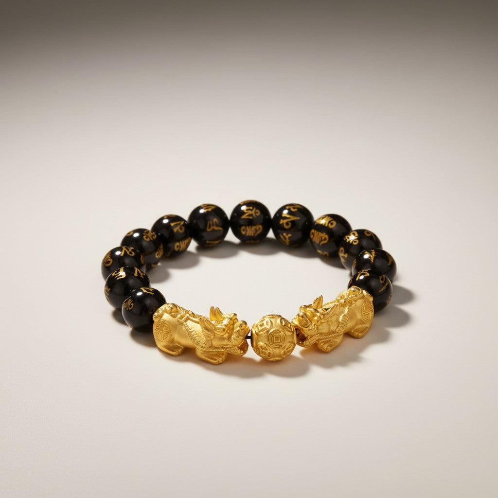 24K 999 Gold Pixiu Wealth Charm Tiger Eye Black Agate Sanskrit Beads Unisex Bracelet