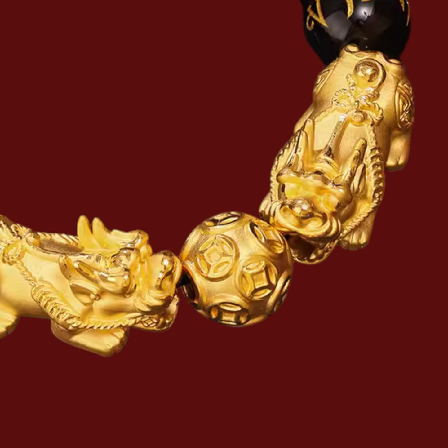 24K 999 Gold Pixiu Wealth Charm Tiger Eye Black Agate Sanskrit Beads Unisex Bracelet