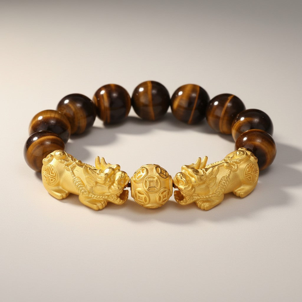 24K 999 Gold Pixiu Wealth Charm Tiger Eye Black Agate Sanskrit Beads Unisex Bracelet