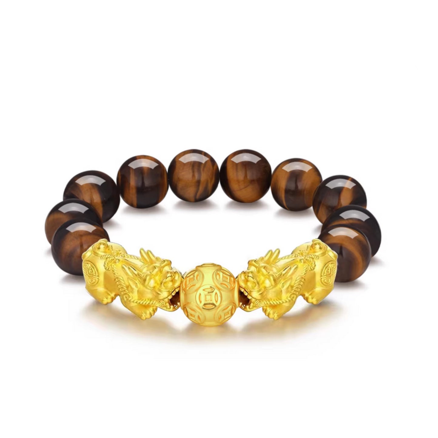 24K 999 Gold Pixiu Wealth Charm Tiger Eye Black Agate Sanskrit Beads Unisex Bracelet
