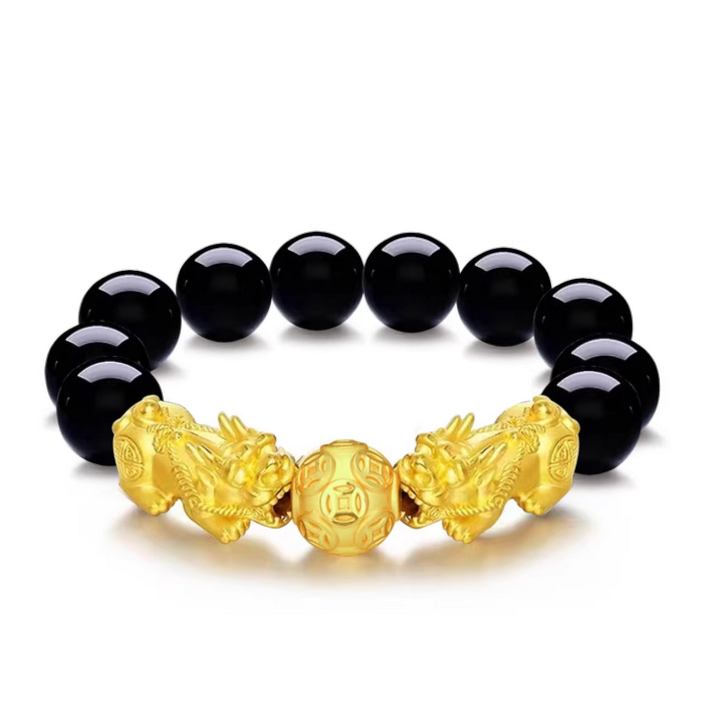 24K 999 Gold Pixiu Wealth Charm Tiger Eye Black Agate Sanskrit Beads Unisex Bracelet