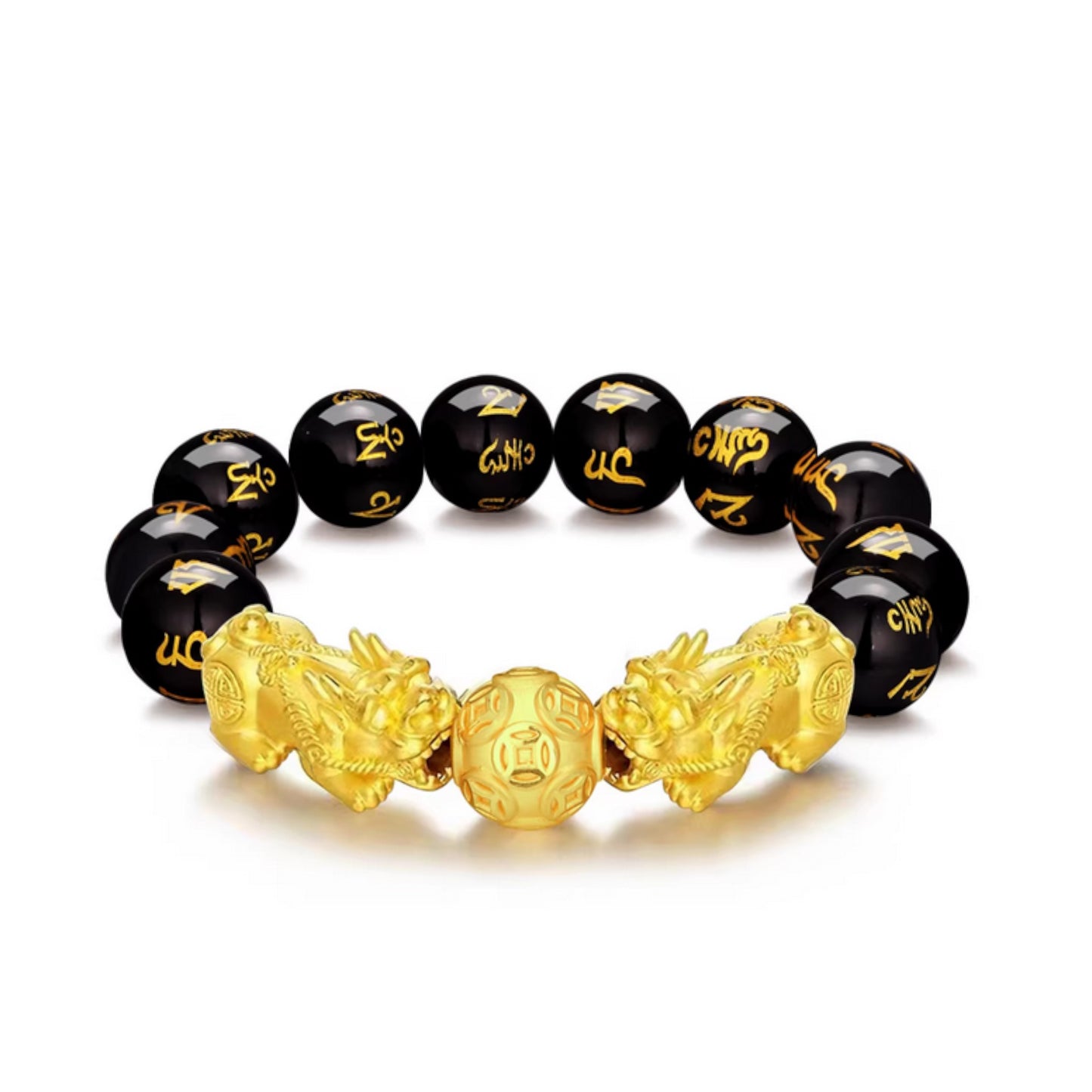24K 999 Gold Pixiu Wealth Charm Tiger Eye Black Agate Sanskrit Beads Unisex Bracelet