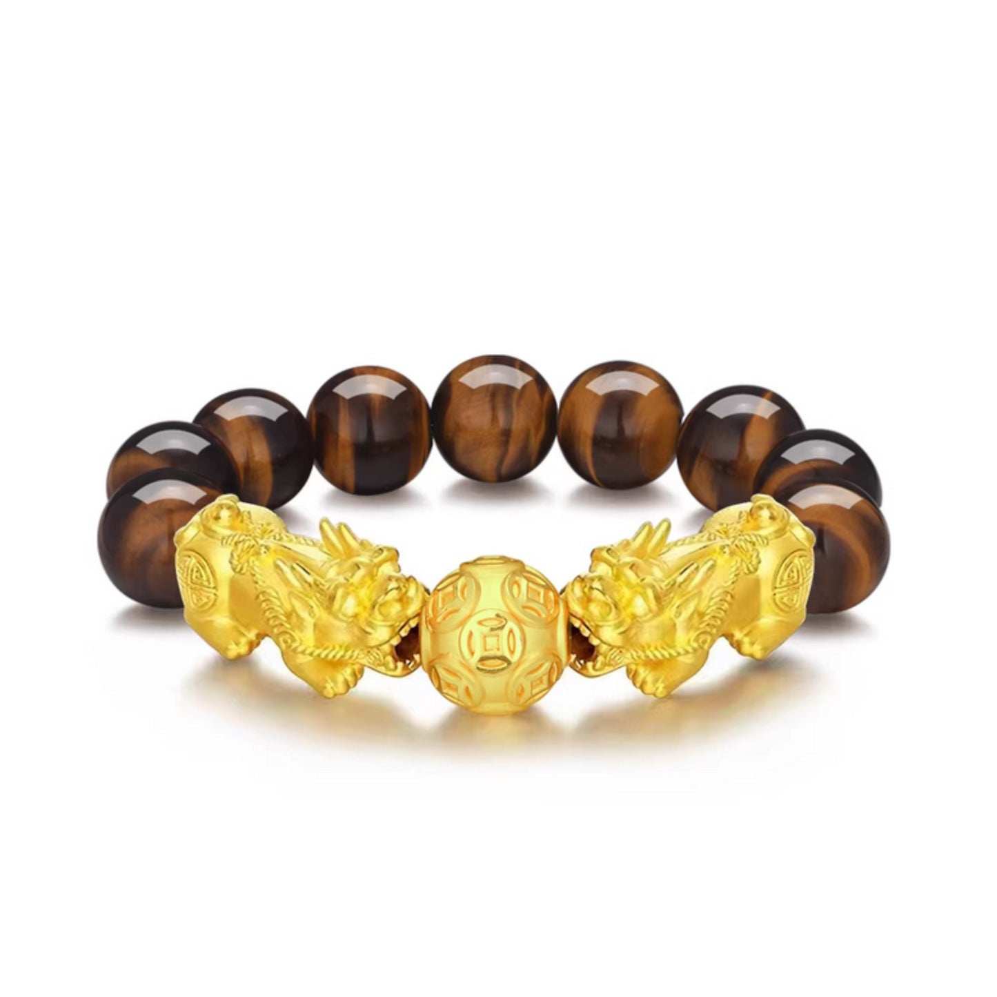 24K 999 Gold Pixiu Wealth Charm Tiger Eye Black Agate Sanskrit Beads Unisex Bracelet