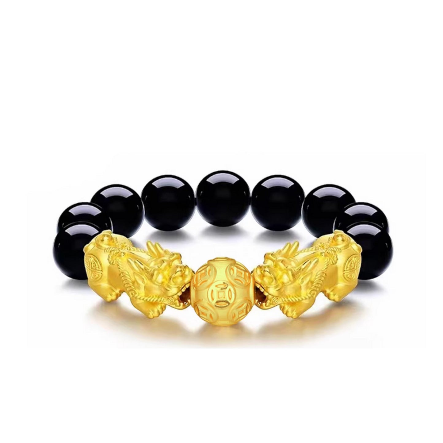 24K 999 Gold Pixiu Wealth Charm Tiger Eye Black Agate Sanskrit Beads Unisex Bracelet