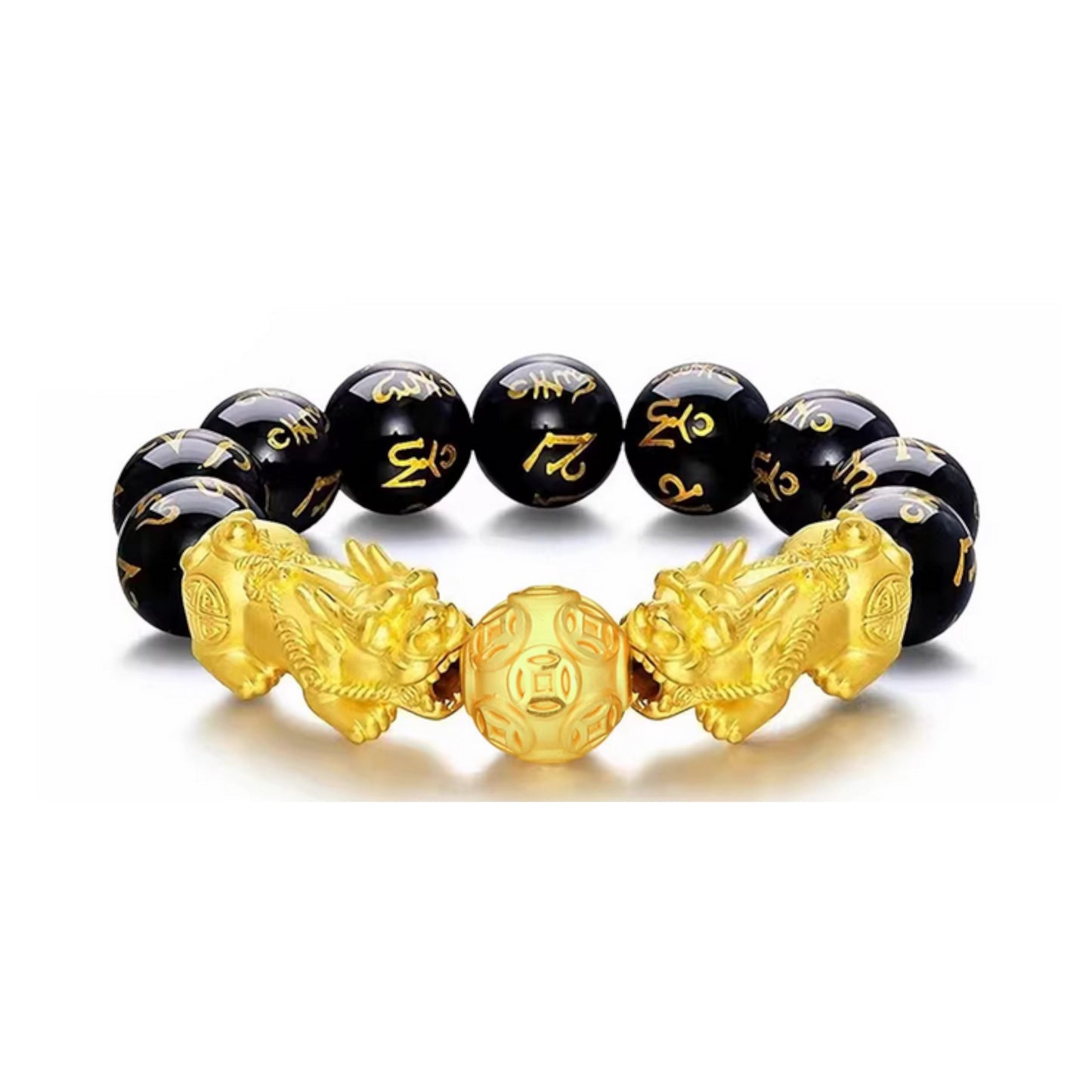 24K 999 Gold Pixiu Wealth Charm Tiger Eye Black Agate Sanskrit Beads Unisex Bracelet