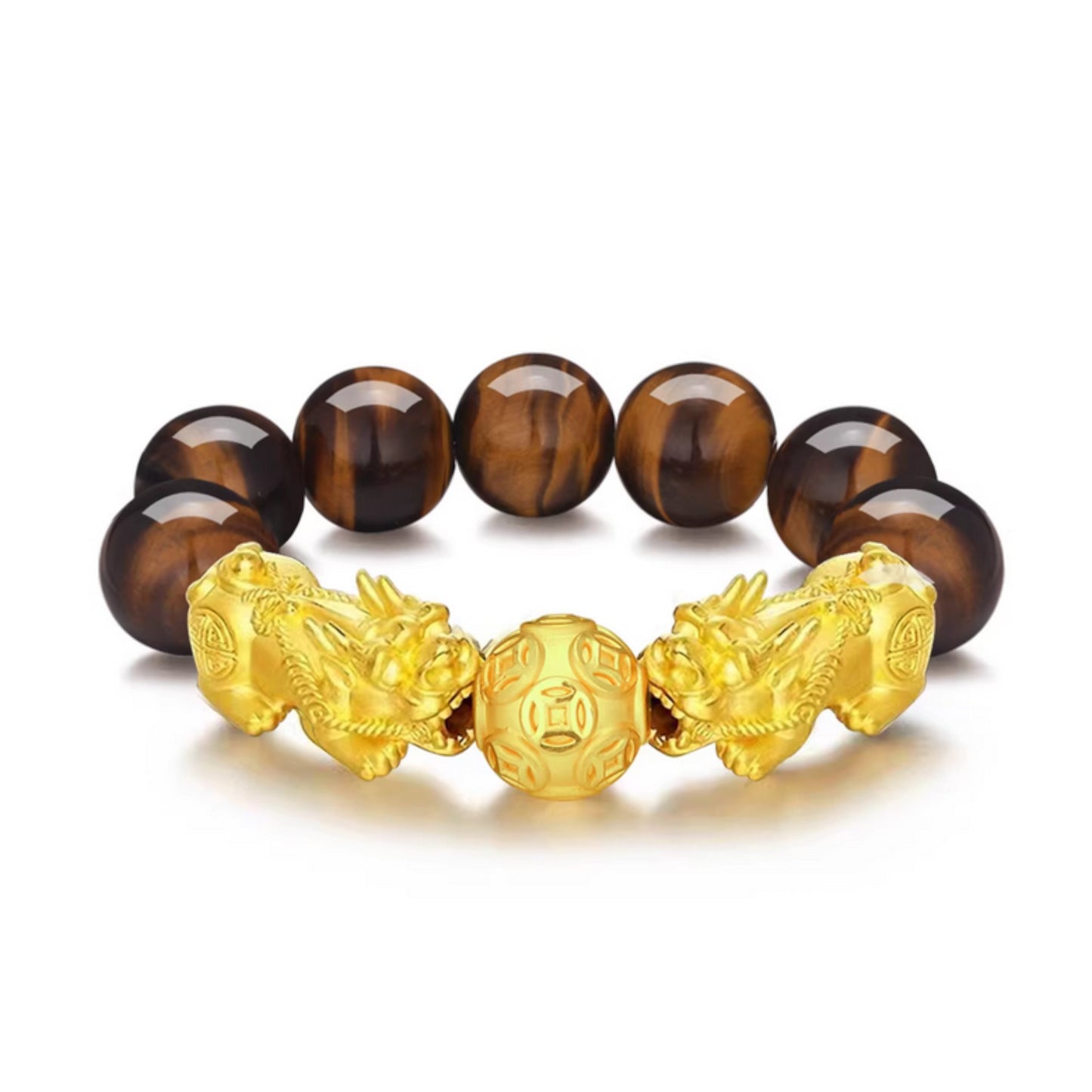 24K 999 Gold Pixiu Wealth Charm Tiger Eye Black Agate Sanskrit Beads Unisex Bracelet