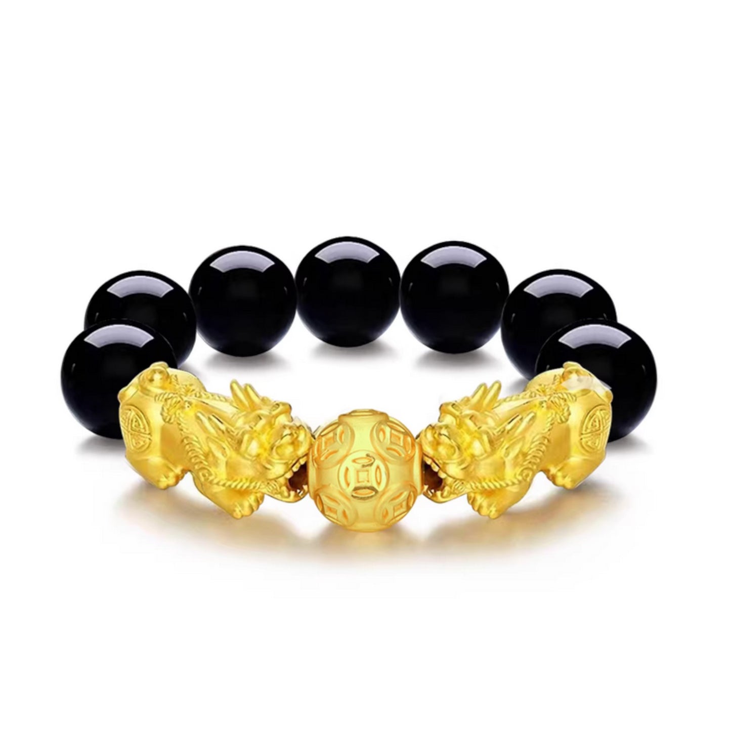 24K 999 Gold Pixiu Wealth Charm Tiger Eye Black Agate Sanskrit Beads Unisex Bracelet