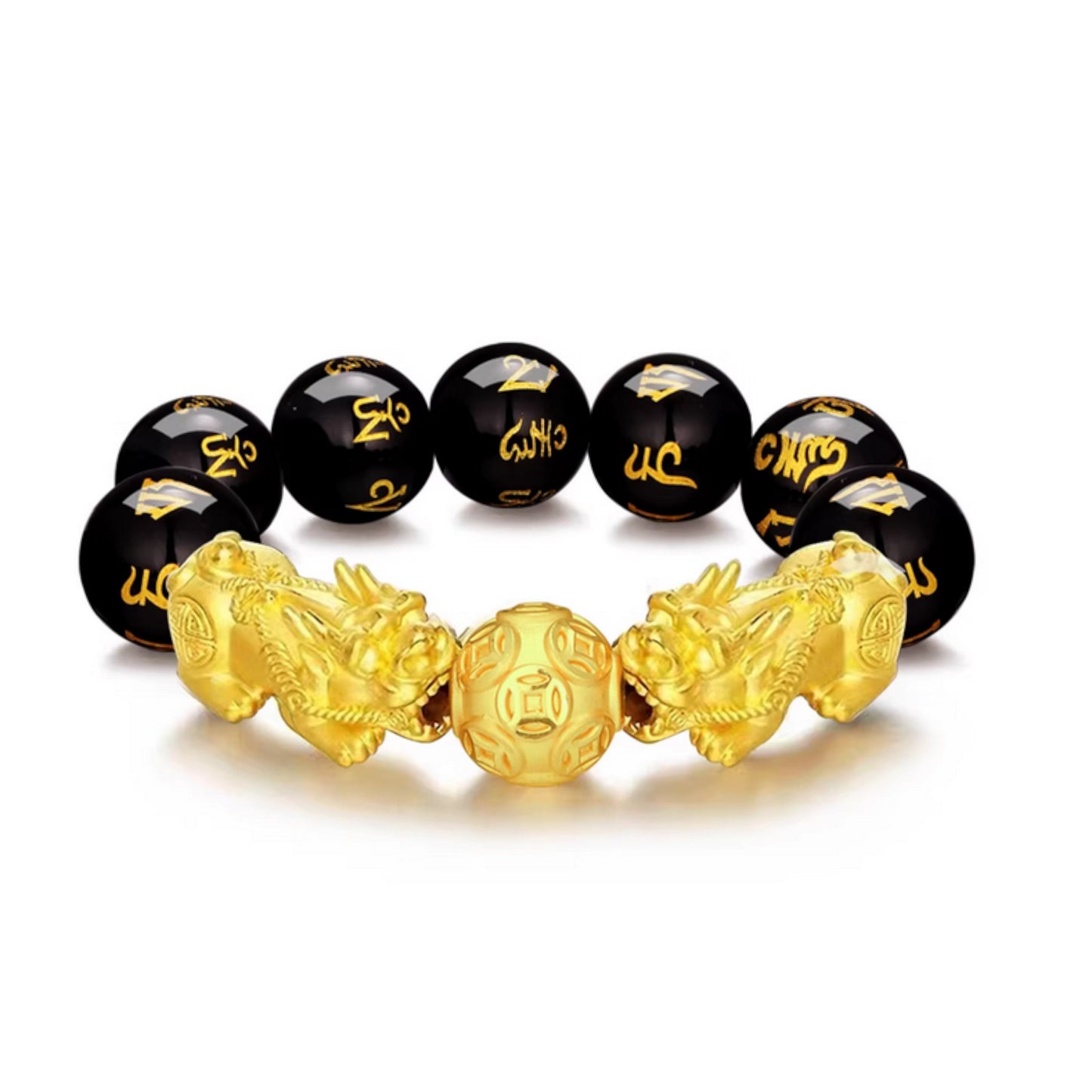 24K 999 Gold Pixiu Wealth Charm Tiger Eye Black Agate Sanskrit Beads Unisex Bracelet