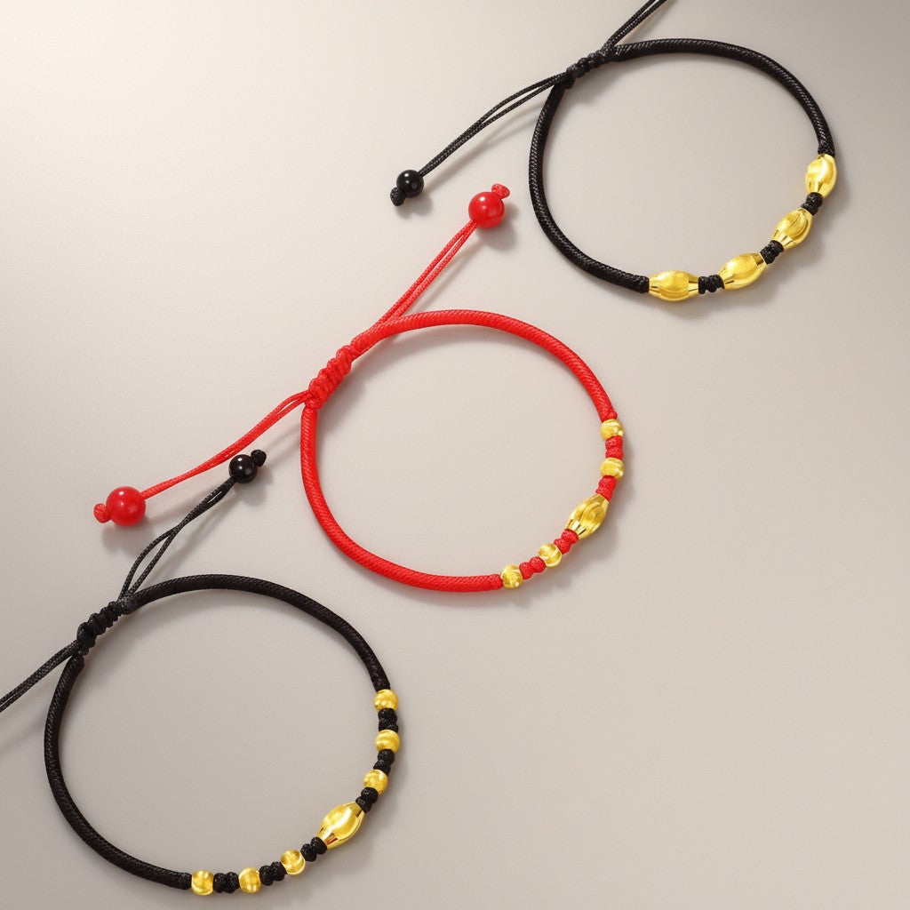 24K 999 Gold Cat's Eye Cylindrical Beads Red Cord Adjustable Weaving Bracelet