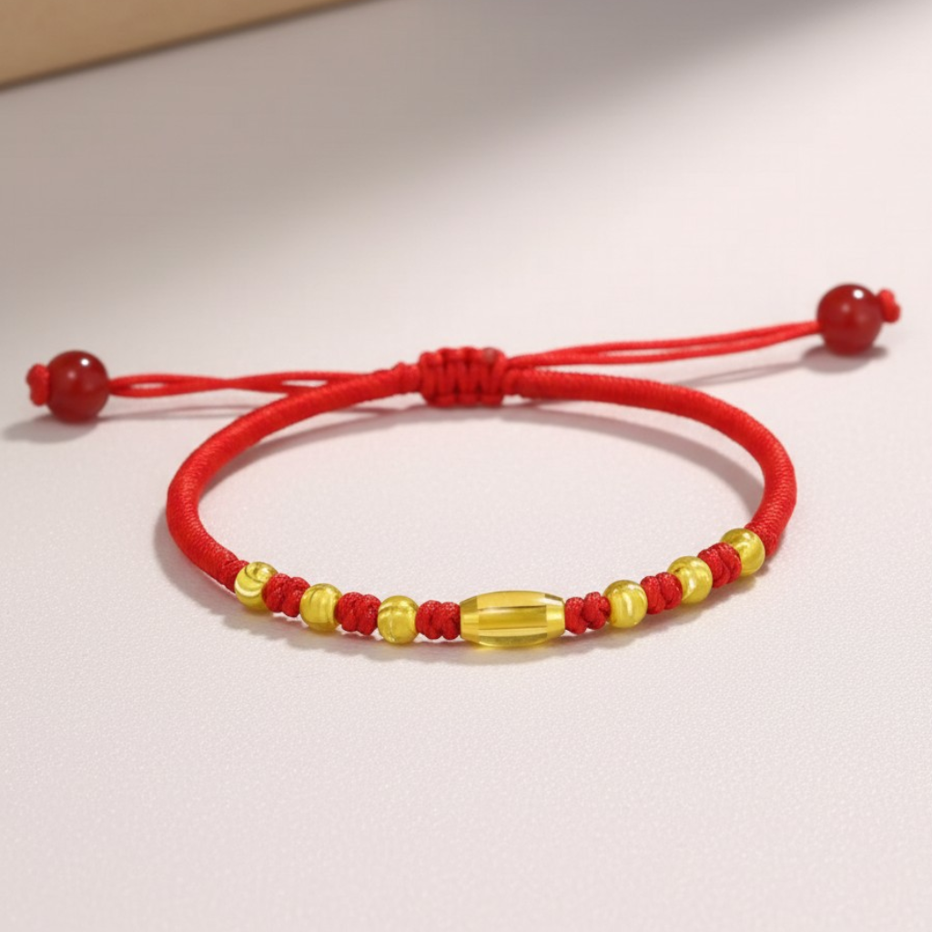 24K 999 Gold Cat's Eye Cylindrical Beads Red Cord Adjustable Weaving Bracelet