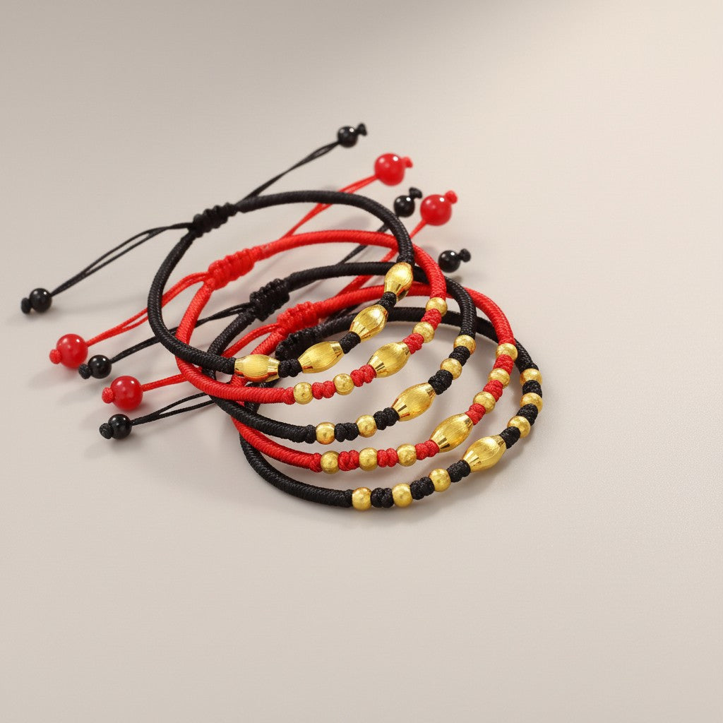 24K 999 Gold Cat's Eye Cylindrical Beads Red Cord Adjustable Weaving Bracelet