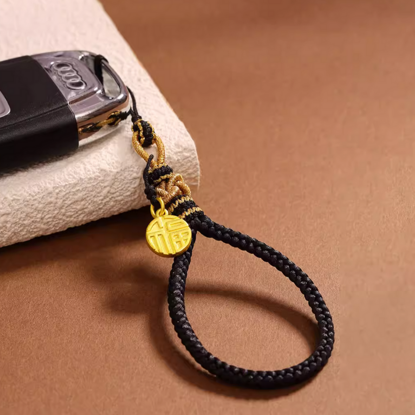24K 999 Gold Peace Buckle Name Initial Keychain Car Key Pendant, Customizable, Elegant Phone Strap