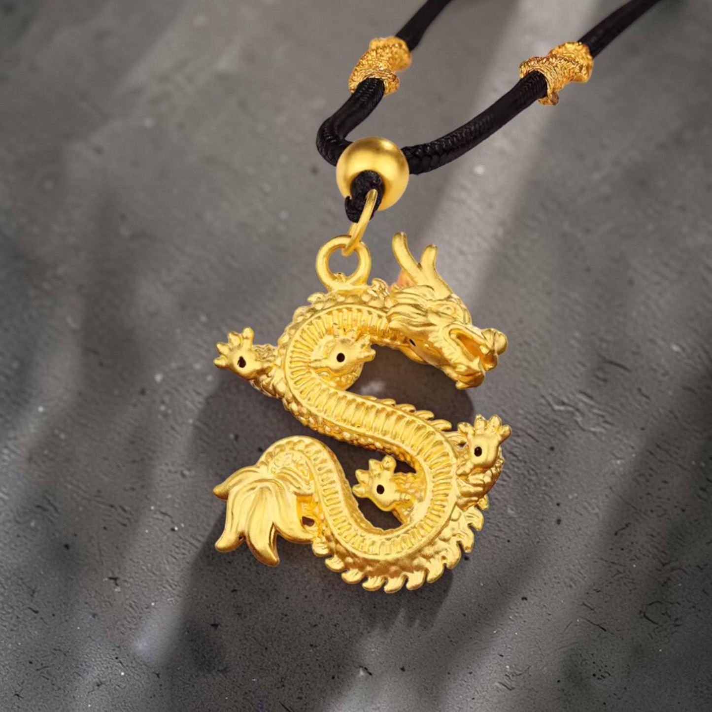 24K Fine Gold Zodiac Dragon Pendant Weaving Cord Necklace