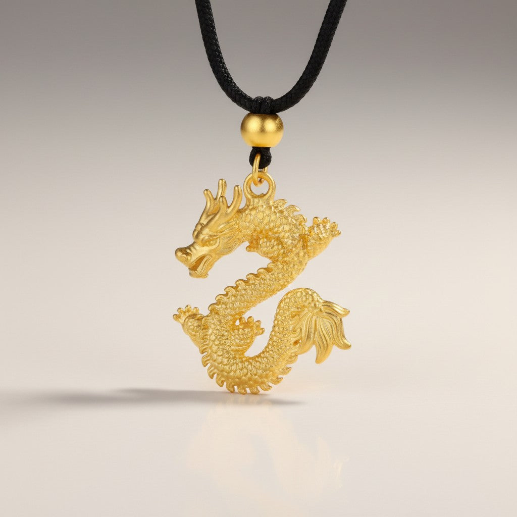 24K Fine Gold Zodiac Dragon Pendant Weaving Cord Necklace