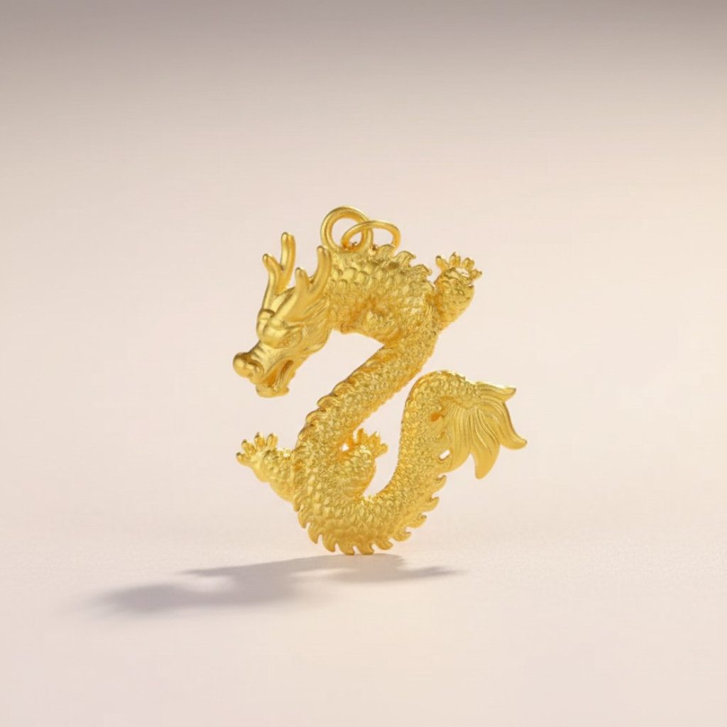 24K Fine Gold Zodiac Dragon Pendant Weaving Cord Necklace