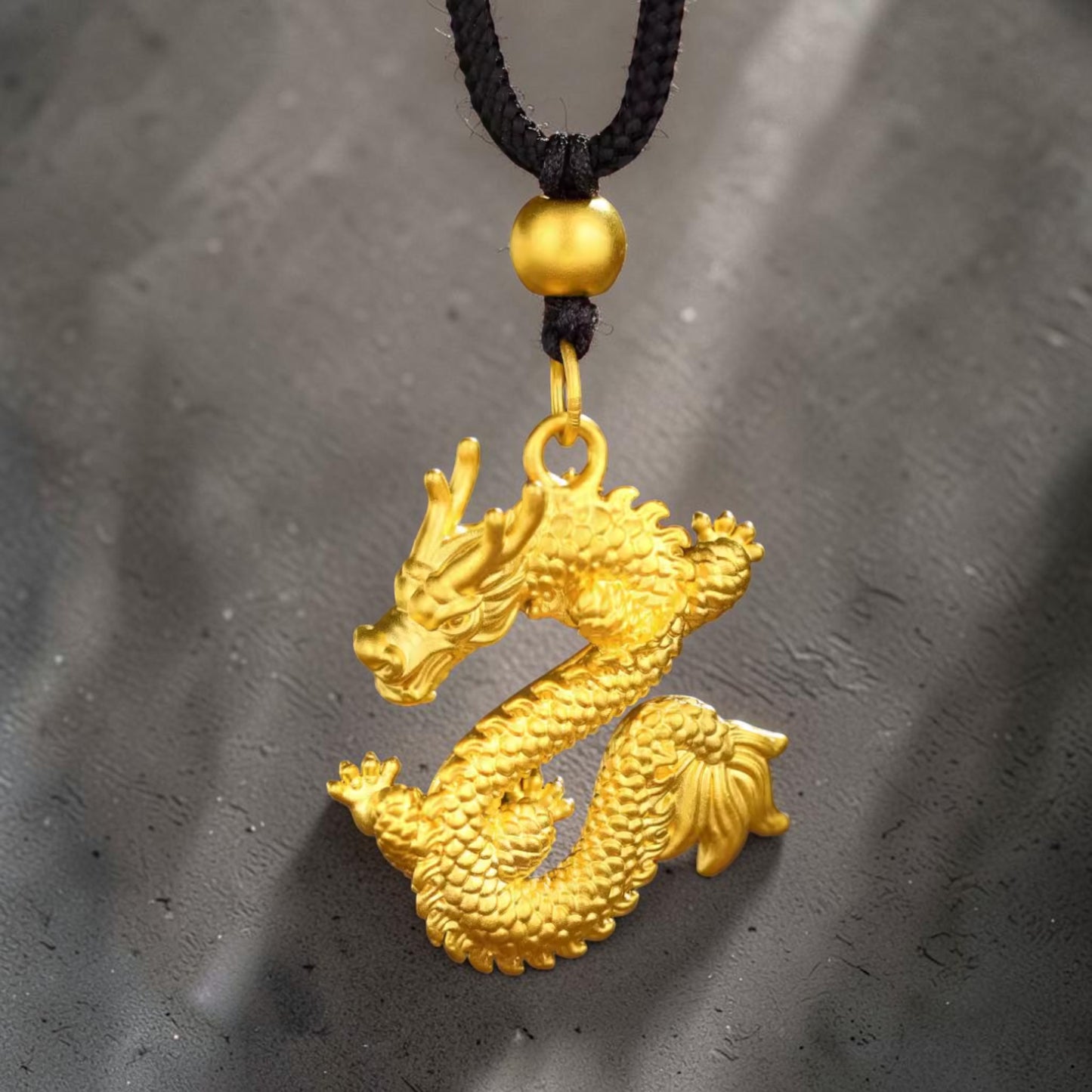 24K Fine Gold Zodiac Dragon Pendant Weaving Cord Necklace