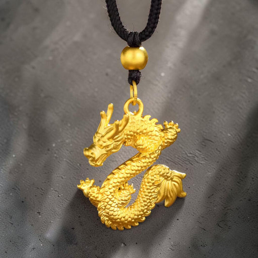 24K Fine Gold Zodiac Dragon Pendant Weaving Cord Necklace