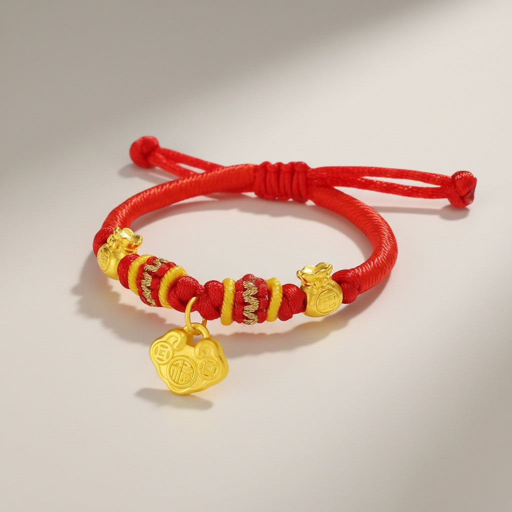 24K 999 Gold Lucky Bag Cloud Lock Blessing Charm Weaving Bracelet Kid Baby Gift Babyshower