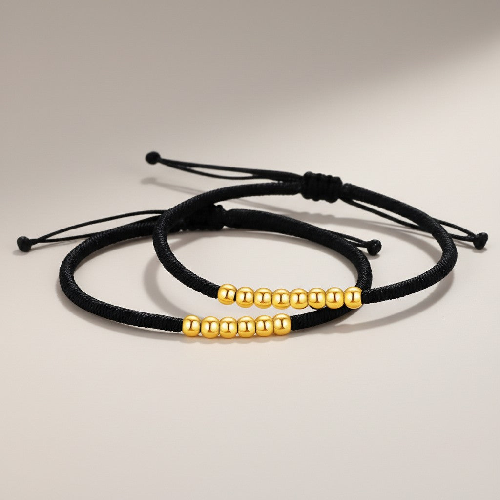 24K 999 Gold Minimal Lucky Beads Weaving Cord Adjustable Bracelet