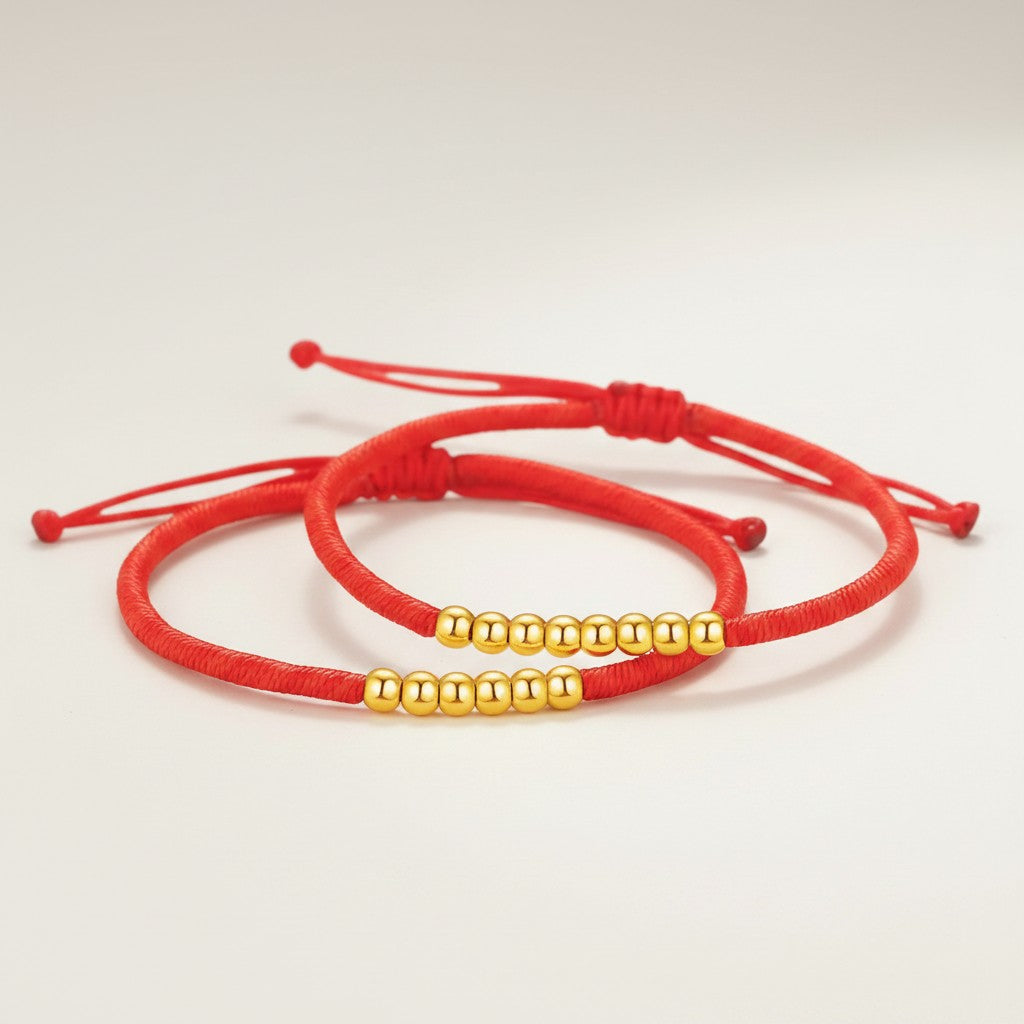 24K 999 Gold Minimal Lucky Beads Weaving Cord Adjustable Bracelet