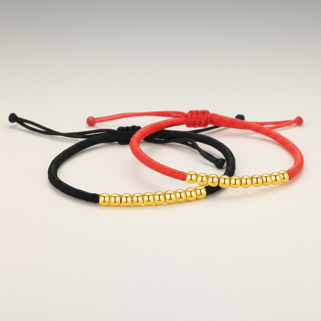 24K 999 Gold Minimal Lucky Beads Weaving Cord Adjustable Bracelet