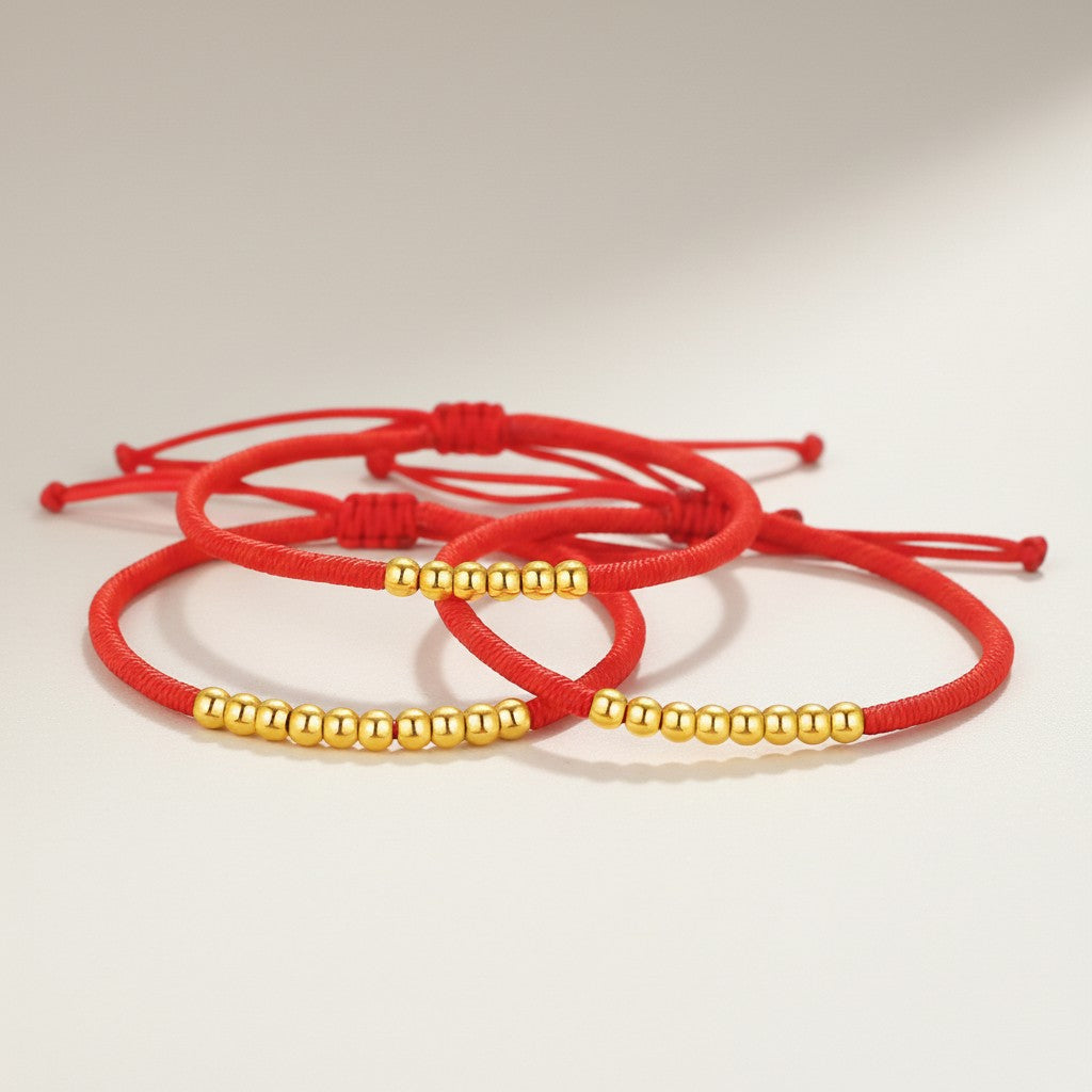 24K 999 Gold Minimal Lucky Beads Weaving Cord Adjustable Bracelet