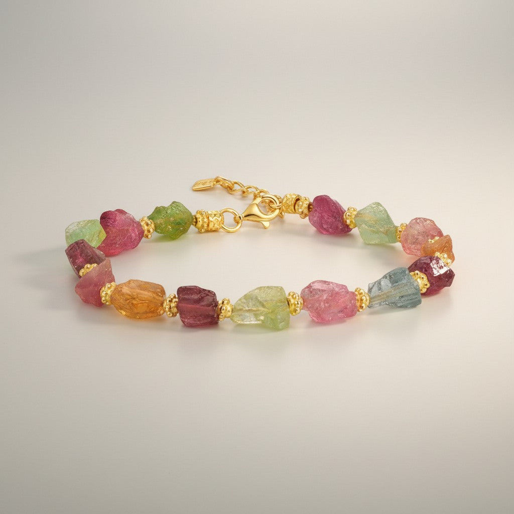 24k Gold Natural Tourmaline Multicolor Gemstone Beads Bracelet