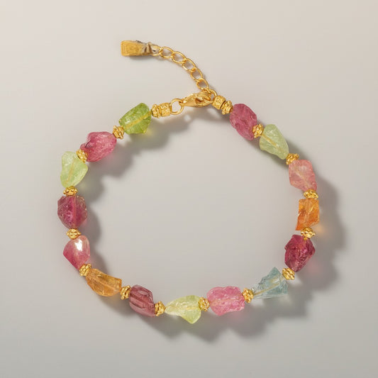 24k Gold Natural Tourmaline Multicolor Gemstone Beads Bracelet