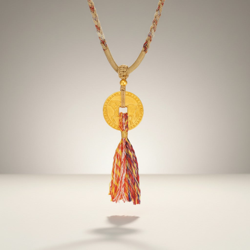 24K Gold Horse Coin Tassel Braided Tibetan Style Feng Shui Necklace