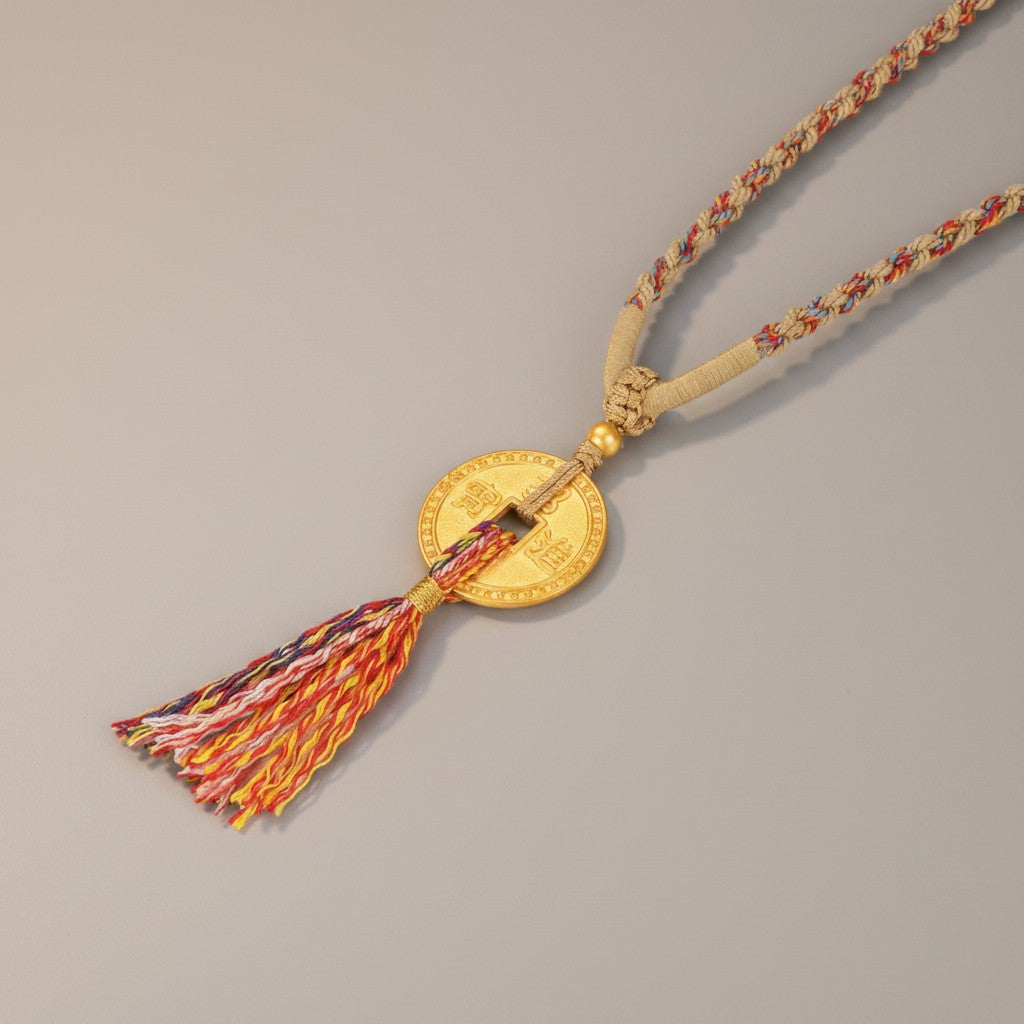 24K Gold Horse Coin Tassel Braided Tibetan Style Feng Shui Necklace