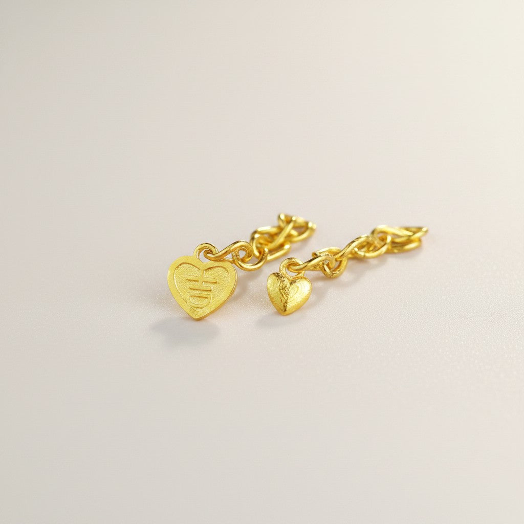 24K 999 Solid Gold Mini Extension Chain Link Heart Blessing Charm
