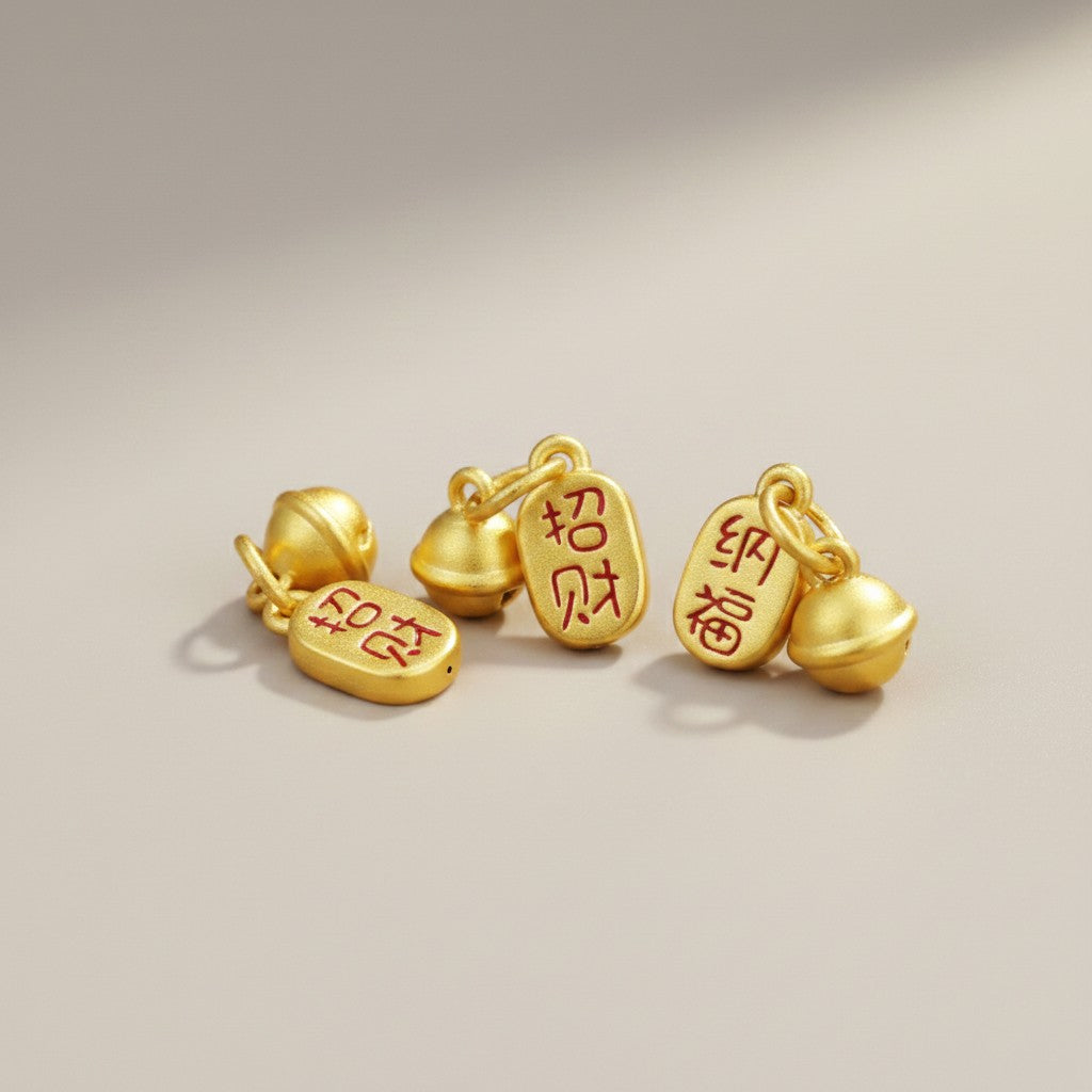 24K 999 Gold Mini Chinese Wealth and Good Fortune Charm Bell DIY Bead
