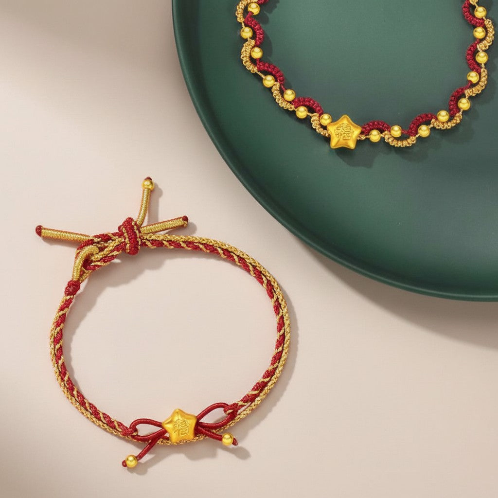 24k Gold Lucky Star Chinese Blessing Charm Handwoven Red Cord Adjustable Bracelet