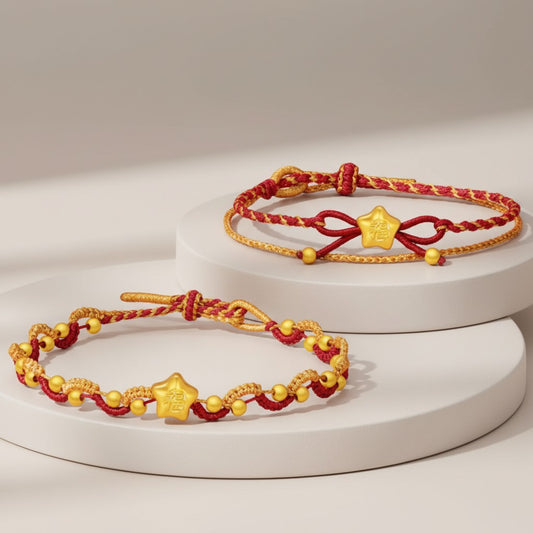 24k Gold Lucky Star Chinese Blessing Charm Handwoven Red Cord Adjustable Bracelet