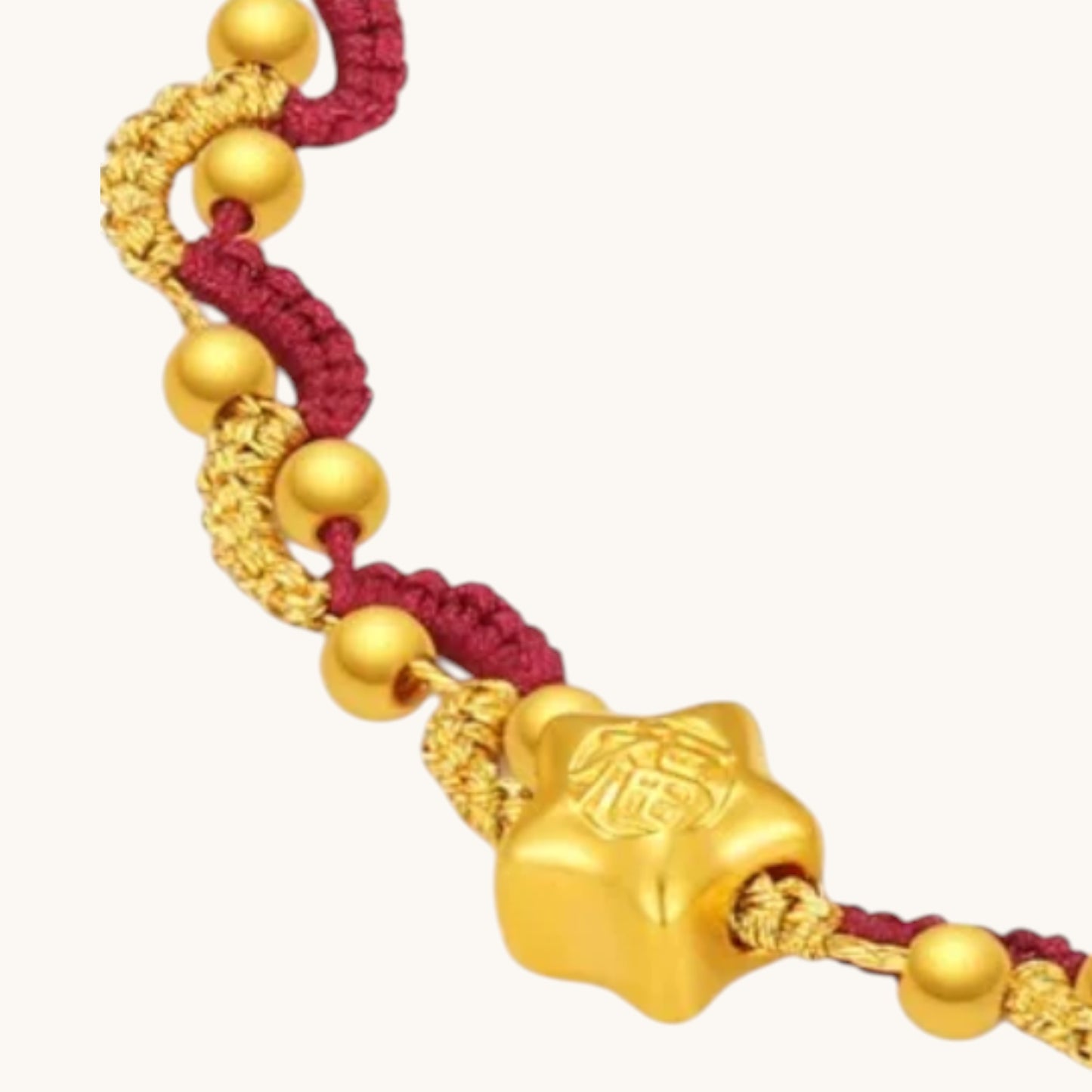 24k Gold Lucky Star Chinese Blessing Charm Handwoven Red Cord Adjustable Bracelet