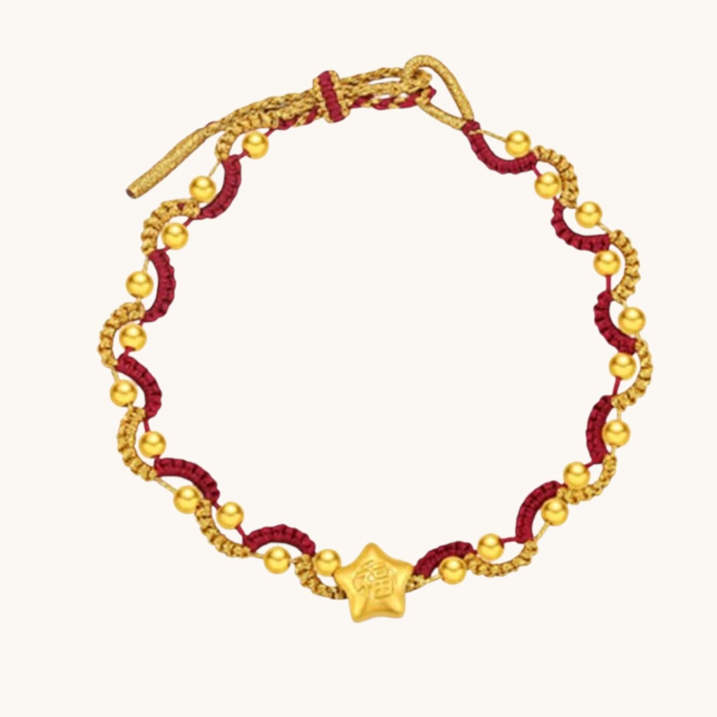 24k Gold Lucky Star Chinese Blessing Charm Handwoven Red Cord Adjustable Bracelet