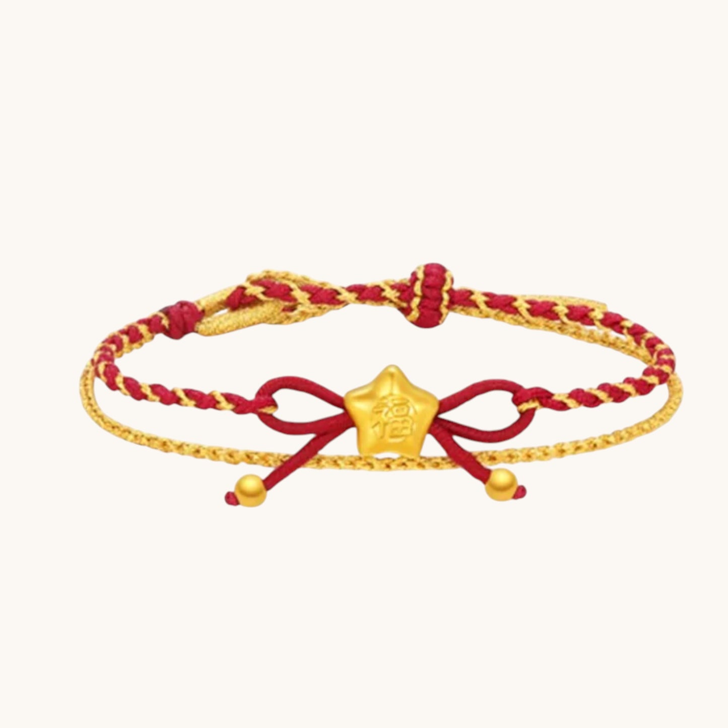 24k Gold Lucky Star Chinese Blessing Charm Handwoven Red Cord Adjustable Bracelet