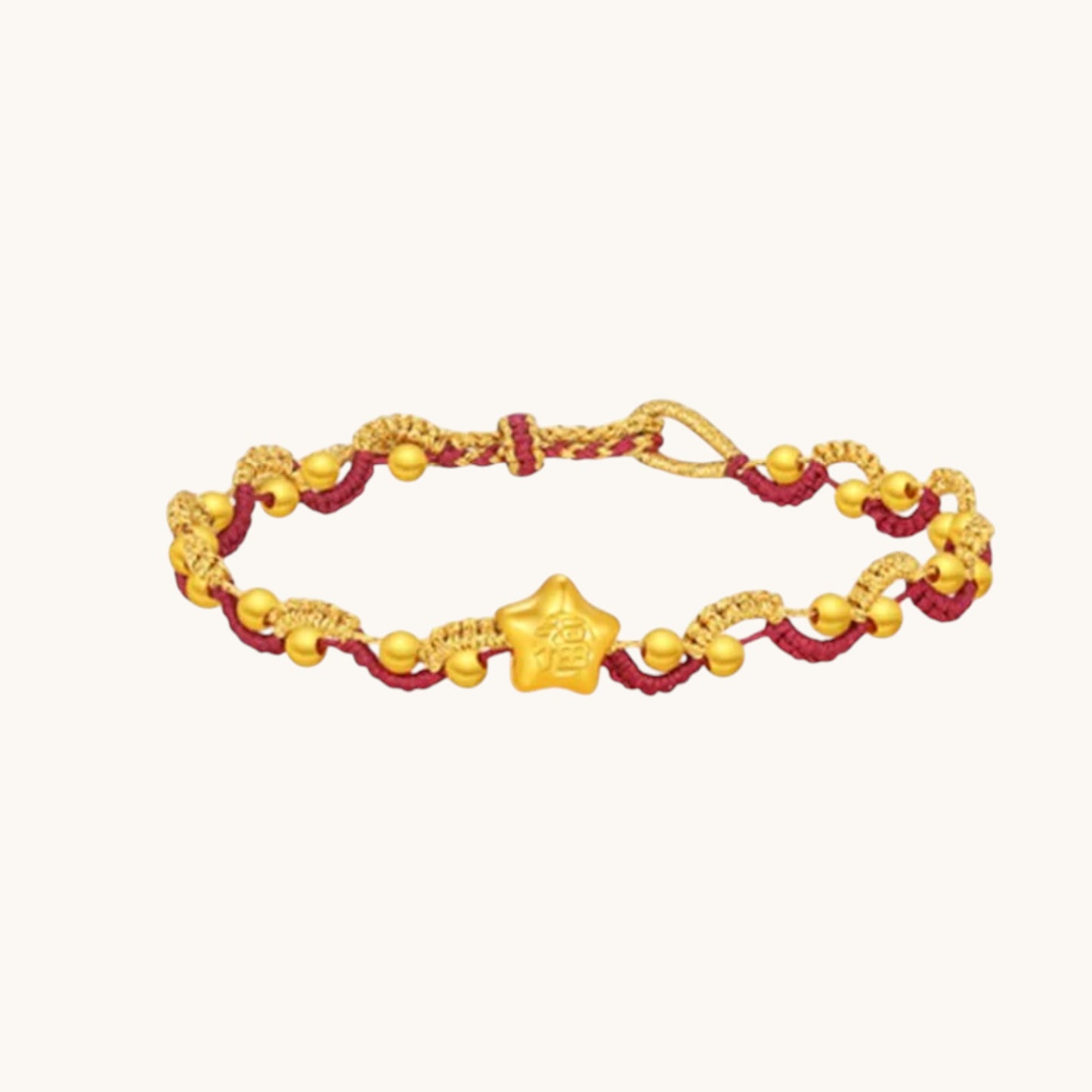 24k Gold Lucky Star Chinese Blessing Charm Handwoven Red Cord Adjustable Bracelet