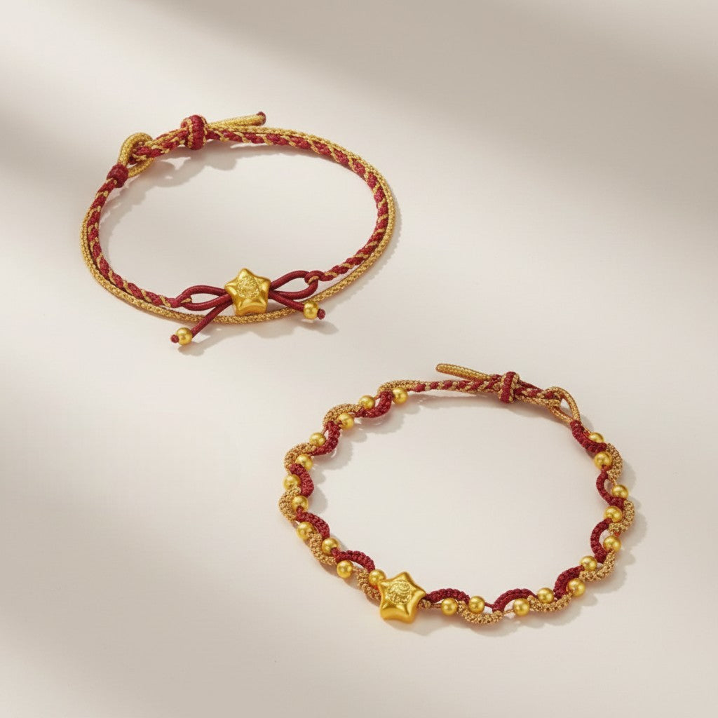 24k Gold Lucky Star Chinese Blessing Charm Handwoven Red Cord Adjustable Bracelet