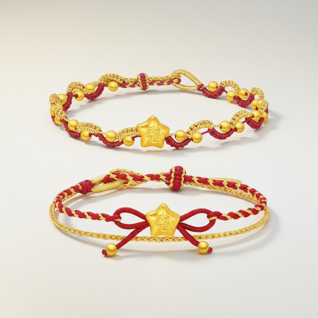 24k Gold Lucky Star Chinese Blessing Charm Handwoven Red Cord Adjustable Bracelet