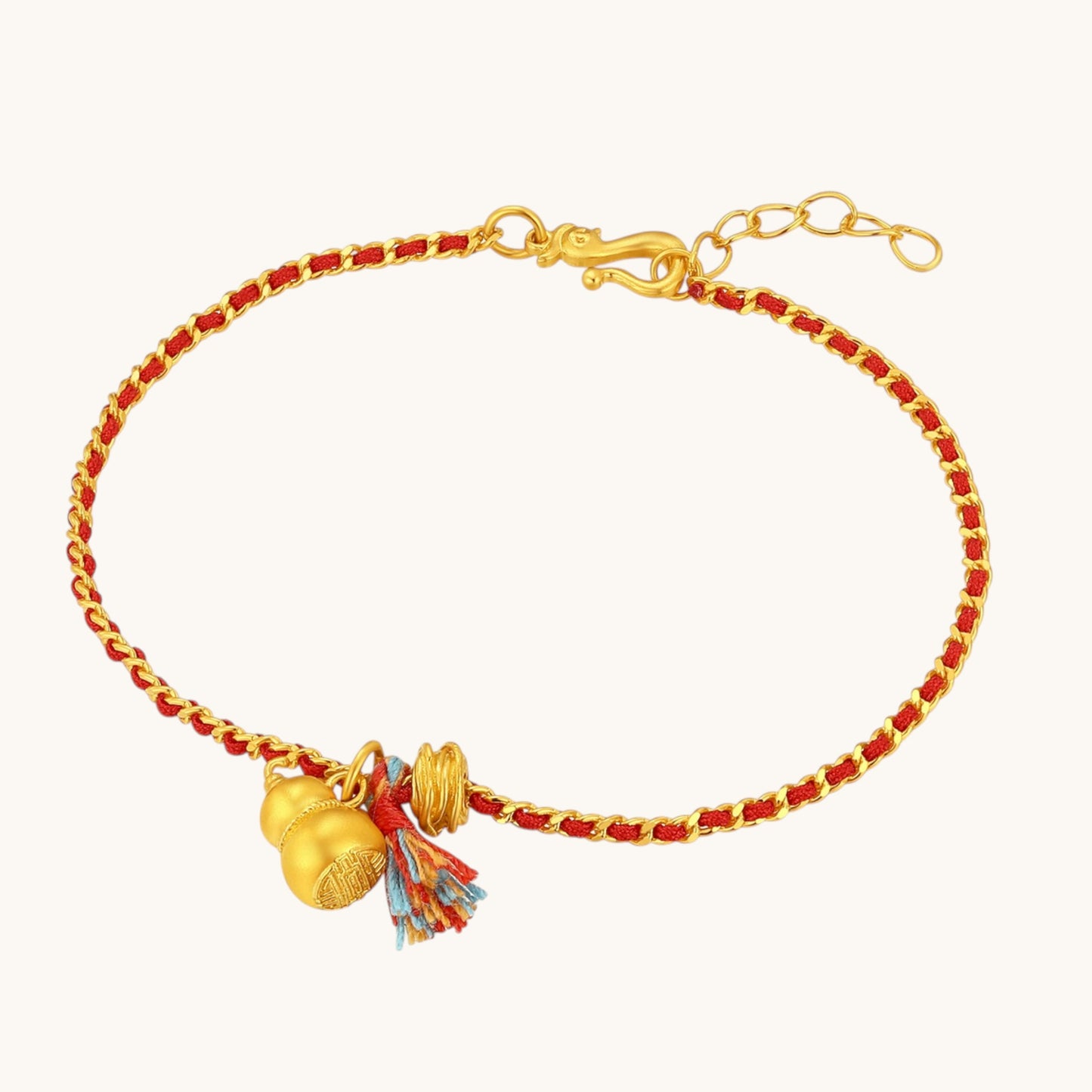 24k Lucky Gourd Charm Tassel Red Cord Bracelet