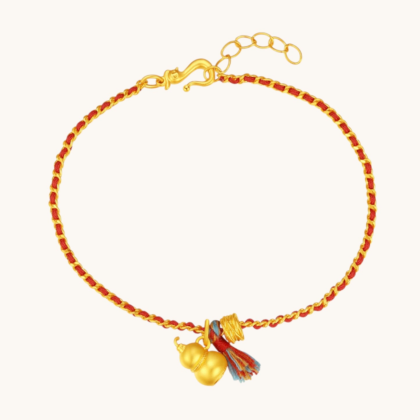 24k Lucky Gourd Charm Tassel Red Cord Bracelet